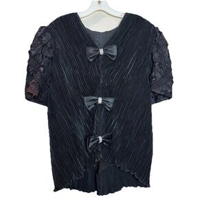80s Kathrine Lindsay Rhinestone Bow Pleated Blouse‎ Black Women's 18 Glam Top